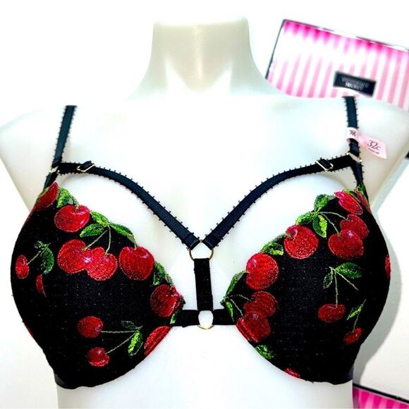 🔥Victoria's Secret Red and Black Push-Up Bra with Cherry Design 32C new - Picture 1 of 4
